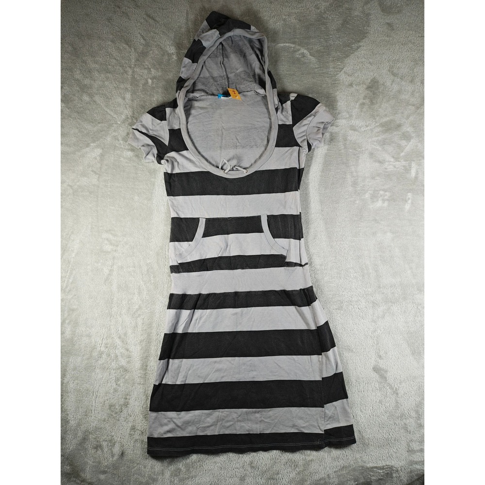 Vintage Delias Tunic Dress Women Medium Gray Striped Catalog Hood Skater Y2K USA